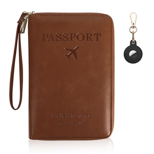 Passport Holder Wallet with Tracker Case, RFID Blocking PU Leather Passport Cover, Travel Document Organizer Wallet for Men and Women (Brown)