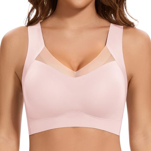 Cavotor Wireless Bras for Women Comfort Support Non Wired Sport Bra for Large Busts Seamless Padded Soft Mesh Bralettes (Pink,XL)