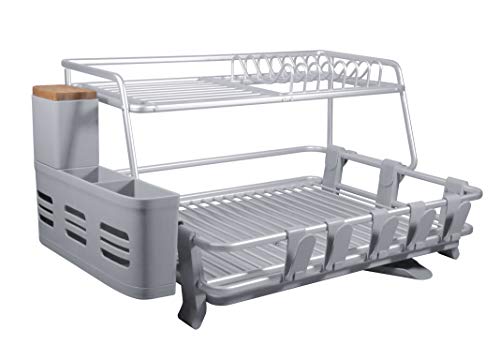 CozyBlock Aluminum 2-tier Dish Drying Rack with Utensil & Wood Cutlery Holder â€“ Rust Proof Kitchen Countertop Dish Rack with Extra Large Drainboard Set â€“ Bonus Drinkware Clips