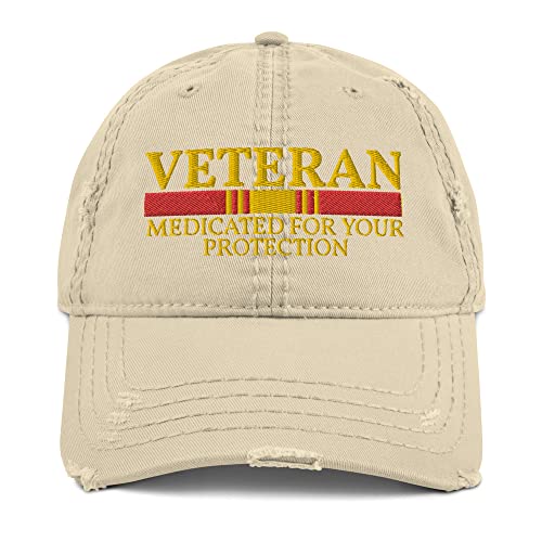 CreativeTees4You Veteran Medicated for Your Protection Veteran's Day Distressed Dad Hat Baseball Cap Z1 Khaki