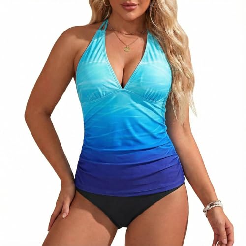 Tankini Mujer Verano 2026 Elegante Traje de baño Tankini Dos Piezas con Cintura Alta y Tirantes Ajustables para Uso Diario Playa y Vacaciones Conjunto de (Sky Blue, XL)