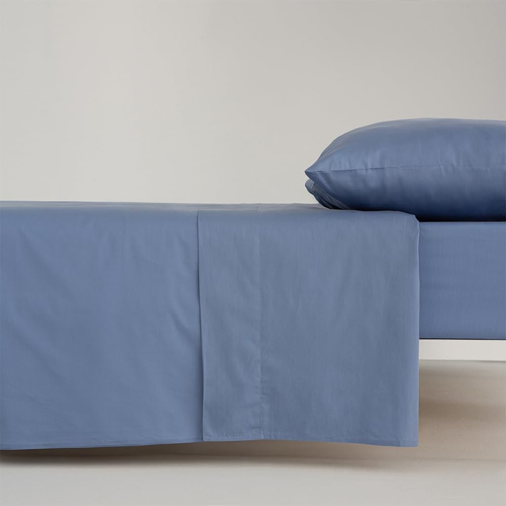 COTTON ARTean Juego de sábanas Cama 160x190 / 200 Percal Algodón 200 Hilos Noa Azul 4 Piezas