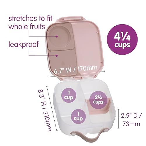 Image of b.box Mini Lunch Box Kids | 4.25 Cup Leak Proof Bento Box for Kids Ages 3+ | 3 Compartment Snack Containers, School Lunch Container, Dishwasher Safe, BPA-Free, PFAS-Free - Blush Crush