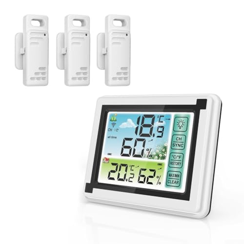 Stazione meteo wireless con monitoraggio della temperatura e dell'umidità con 3 sensori, display touchscreen a colori, supporta l'uso interno ed esterno con dati storici e portata wireless