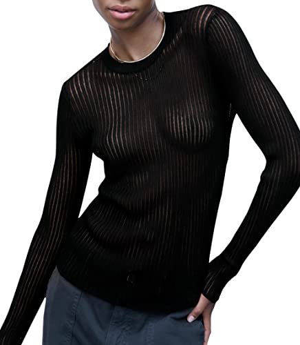Image of KAMISSY Women See Through Crew Neck Sheer Mesh Knitted Sweater Solid Basic Long Sleeve Loose Fit Knit Pullover Jumper Top