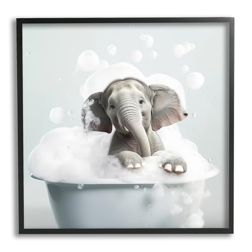 Image of 'Elephant Bubble Bath'| Framed Giclee Art | Stupell Industries | Black, 12 x 12 Inches, Easy to Hang and Sturdy, Made in USA, by Lazar Studio