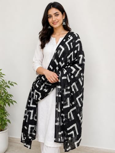 Image of Tz-Women's Pure Cotton Dupatta, Black and White Floral Print, 2.5 Metres, Lightweight Summer Wrap pk-001