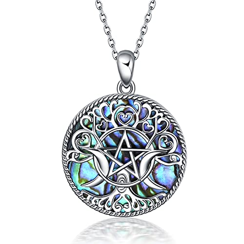 YFN Triple Moon Goddess Necklace Sterling Silver Pentagram Pentacle Opal Pendant necklace Pagan Wiccan Magic Amulet Tree of Life Jewelry for Women Men 18
