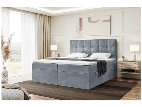 MEBLINI Boxspringbett mit Bettkasten - 160x220 - H3/Grau Samt - Kai - Gepolstert Doppelbett mit Matratze und Topper - Polsterbett mit Stauraum - Bett mit Kopfteil - Stauraumbett