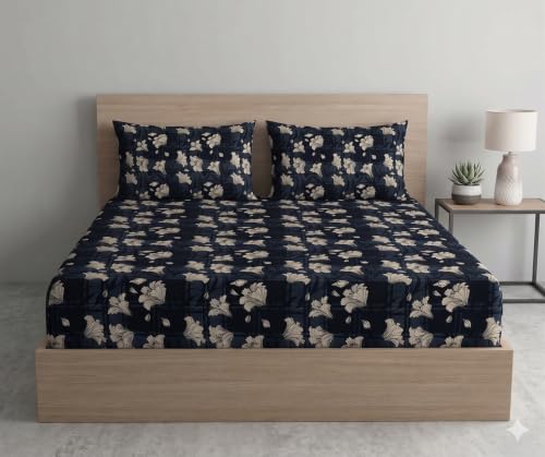 Image of DECOMIZER Cotton Feel All Around Elastic Fitted Glace Printed Queen Size Double Bed Bedsheet with 2 Large Pillow Covers Fits Upto Mattress of 8 Inches,Size - 60 x 78 x 10 Inches, Dark Grey Lily