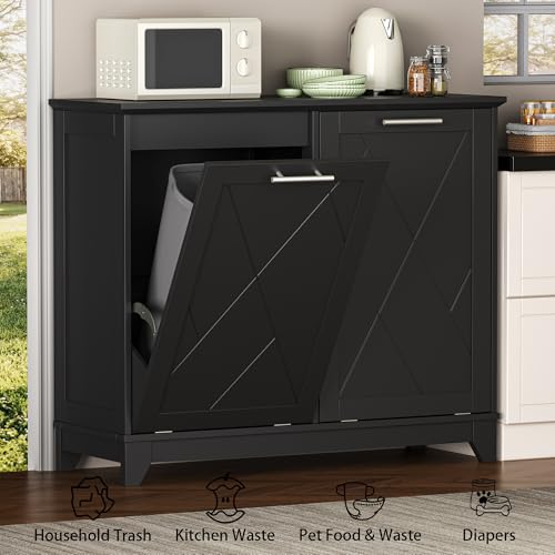 Image of Double Tilt Out Trash Can Cabinet with Charging Station, Negative Ion Odor Control, Hidden Dual 10-Gallon Recycling Cabinet, Dog Proof Garbage Can for Kitchen, Laundry, Dining Room,Black