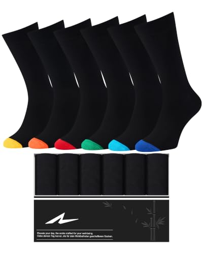 Image of Niorasen Men's Bamboo Rayon Dress Socks, 6 Pairs, Mid Calf | 90% bamboo rayon socks with breathable fabric and reinforced heel and toe; classic solid style for business and daily wear.