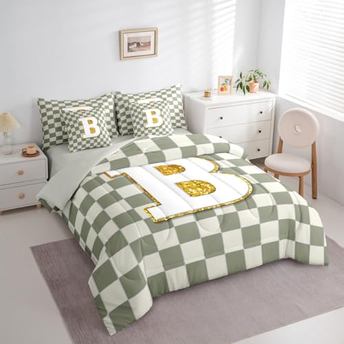 Image of Erosebridal Sage Green Checkered Queen Bed in A Bag 7 Piece Plaid Initial B Comforter Set with Sheets Personalized Monogram Bedding Sets for Kids Adults,Fashion Grids Gingham Bed Set