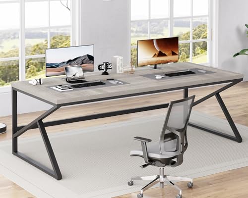Image of HSH 78 Inch Long Home Office Desk, Extra Large Grey Computer Desk for 2 Person, Industrial Wooden and Metal Executive Work Writing Study Gaming Desk Table, Modern Bedroom PC Laptop Desk Double Desk