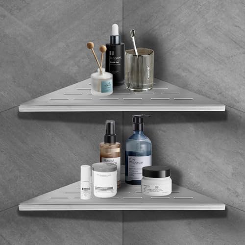 iYueMps Shower Corner Shelf Stainless Steel Shower Caddy Bathroom Corner Shelves Storage Wall Mounted Tiles Recessed for Bathroom, Kitchen,Toilet (Silver-2Pcs)