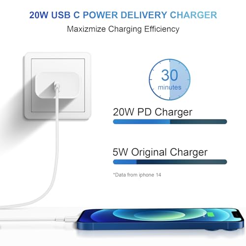 Image of iPhone 14 13 12 Charger Fast Charging 20W USB C Wall Charger with 6FT Cable | PD Fast Charging for iPhone 14 /13 /12 /11 /Pro /Pro Max /Mini /Xs Max /XR /X, iPad