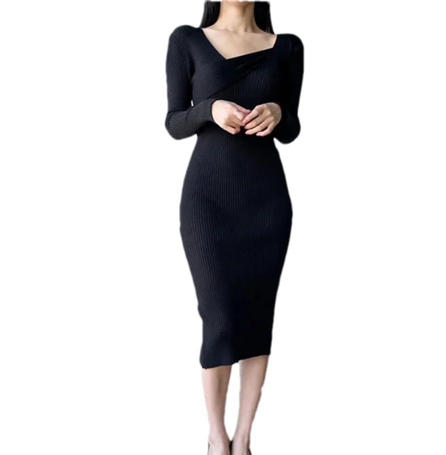 Robe mi-longue à manches longues pour femme - Automne et hiver - Décontractée - Chaude - En tricot