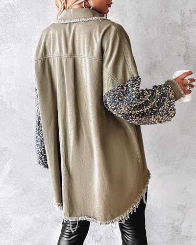 CHICME Womens Denim Jacket 2025 Sequin Patchwork Long Sleeve Jackets Top Button Front Oversized Denim Shacket2