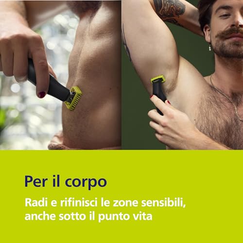 Philips OneBlade Pro 360 Autentico Regolabarba elettrico per viso e corpo, rasoio e regolabarba, 2x 360 lame, 1x pettine da 20, 1x kit per il corpo, 1x custodia morbida, QP6552/30 - Immagine 2