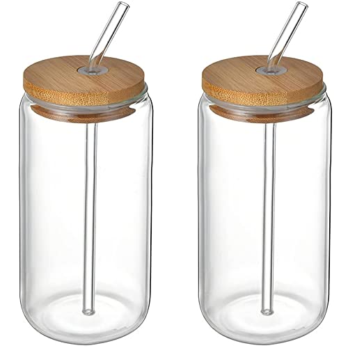 2 tazas de vidrio para beber con tapas de bambú y popotes, tazas de café helado, tazas de cerveza de jugo de vasos reutilizables transparentes para bebidas, café, agua helada (16 onzas y 18 onzas) Cover