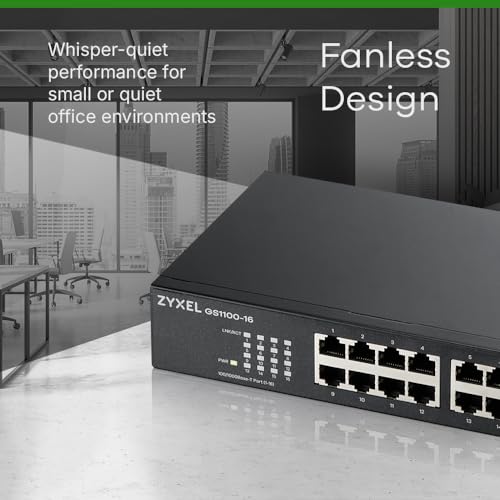 Image of Zyxel 16 Port Network Switch | Unmanaged Gigabit Ethernet Splitter | 16x GbE Ports | Fanless Design | Plug and Play Easy Installation | Wall and Rack Mounting Kits Included | GS1100-16v3