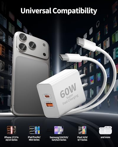 Image of 3 Pack 60W USB C Fast Charger for iPhone 17 /17 Pro Max /Air /17e /16 /16 Pro /15 /15 Pro Max /Plus, iPad Pro 13 /12.9 /11 inch, Air 5 /4, Mini 6 /5, 60W Type C Wall Charger Fast Charging Block + 3FT USB C Cable