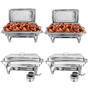 Chafing Dish Buffet Set (4 Pack) Chafers 8QT Buffet Servers and Warmers, Chaffing Servers with Covers, Catering, Chafer, Folding Stand, Food Warmer for Parties Buffets