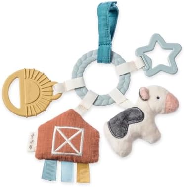 Itzy Ritzy Teething Activity Toy - Bitzy Busy Ring Infant Teething Toy Features Braided Ring & Dangling Toys, Includes Teether, Textured Ribbons, Crinkle Sound & Jingle Bell - 0 Months & Up (Farm)