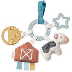 Itzy Ritzy Teething Activity Toy - Bitzy Busy Ring Infant Teething Toy Features Braided Ring & Dangling Toys, Includes Teether, Textured Ribbons, Crinkle Sound & Jingle Bell - 0 Months & Up Farm