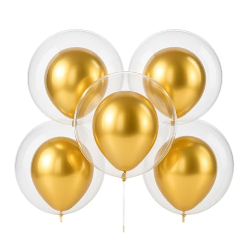 Image of Wanna Party Pack of 5 Bobo Balloons 20 Inch Helium Style Transparent Bubble Clear with 5 Gold Metallic , Gifts for Christmas,Wedding,Birthday, Anniversary Party Decorations