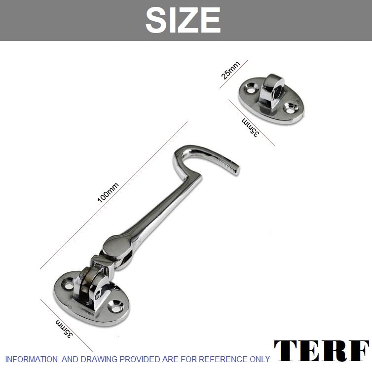 TERF® 100mm Heavy Duty Polished Chrome Cabin Door Hook and Eye Lock 100mm (4 inch) Cabinet Latch including Fixing Screw For Door Gate Window Closet Shed Latch - Image 3