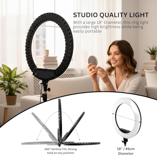 Image of KRLZ 18 inch LED Ring Light for Phone, Remote Lights Control, 2700-6500K, Tripod Light for iPhone Action Camera, for Studio Makeup TikTok YouTube Video Salon