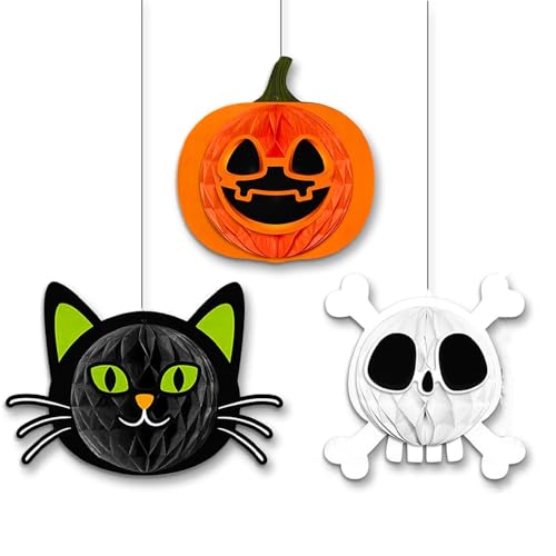 Image of Pop The Party Halloween Hanging Ornaments - 3D Pumpkin, Black Cat & Skull Decorations | Party Supplies for Home, Classroom, Office, Haunted House Decor (3 PCS)