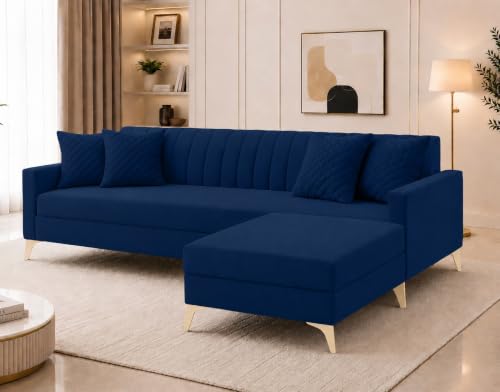 Image of AMATA Falcon ele 4 Seater Fabric Suede Velvet Royal Blue Colour Sofa Set with Two Cushions Perfect for Home Office Guests Living Room (Falcon Royal Blue 01, Falcon 4 Seater l Shape)(3 Year Warranty)