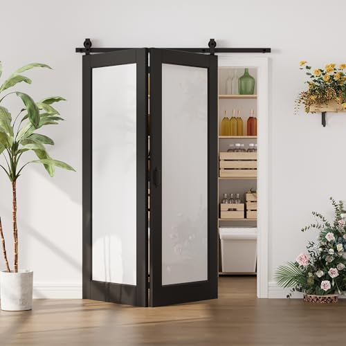 Image of 56 inchx80 inch 1-Lite Frosted Glass Bifold Barn Door Slab and 64 inch Track Kit, Black
