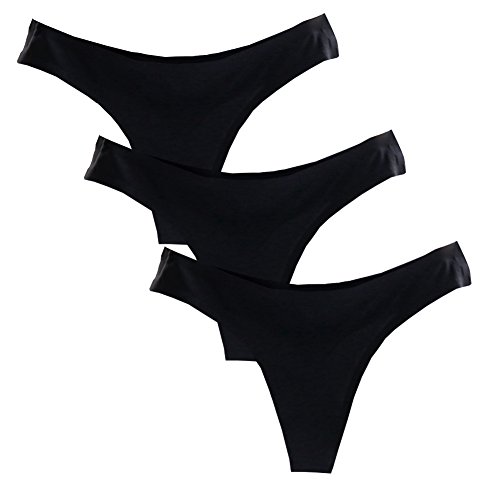 YOYI FASHION Women's Black Thin Ice Silk Seamless Smooth Low-Rise Thong Panties 3 Packs US Size 9