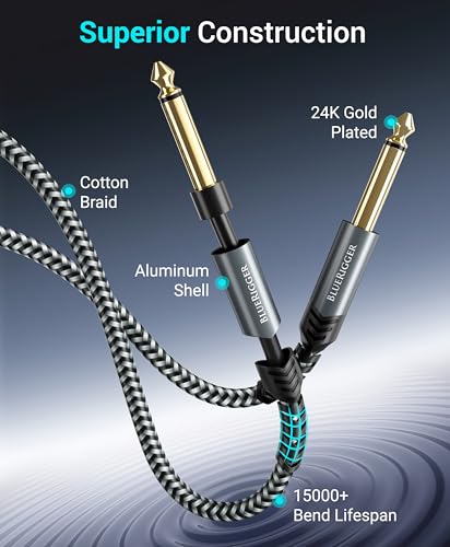 BlueRigger 6.35mm Instrument Cable 6FT (1/4" Mono TS Unbalanced Electric Guitar Cable, Speaker Cables) Bass Amp Cord for Electric Mandolin/Guitar, Keyboard, Amplifier with Alloy Shell, Braided Jacket