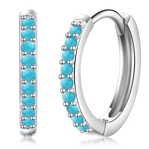 Image of HUABOLA CALYN Silver Hoops Earrings for Women Girls, Sterling Silver 925 Hoop Earrings Valentine's Day Birthday Gifts, Hypoallergenic Huggie Earrings with Turquoise Cubic Zirconia (turquoise)