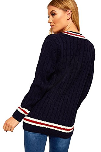 WearAll Ladies Knitted V Neck Cable Cricket Jumper Long Sleeve Womens Striped Top Navy Blue 12/14 - Image 2