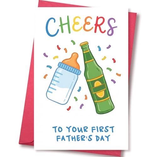 BRYUBR Funny First Fathers Day Card for New Dad from Wife Baby: Cheers to Your 1st Fathers Day - Happy Fathers Day Card Gifts for First Time Dad Husband - Cute Dad Card Decorations