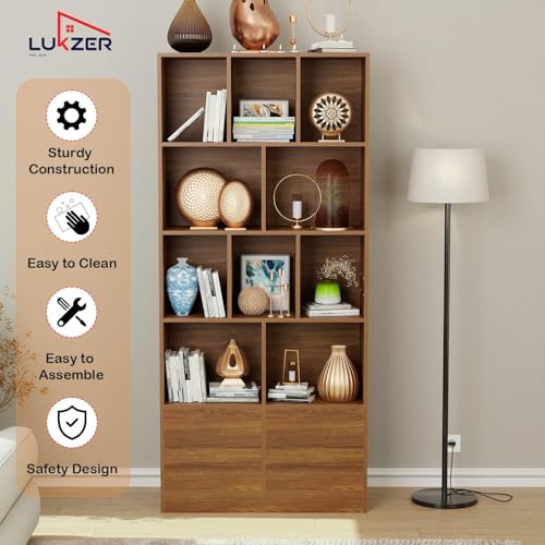 Image of Lukzer 10 Open Cube Bookcase Storage Organizer with 2 Push Latch Doors Cabinet | Engineered Wood Multipurpose Bookshelf Display Rack for Home & Office | DIY Assembly (MR-033 /Oak Brown /157x80x30 cm)