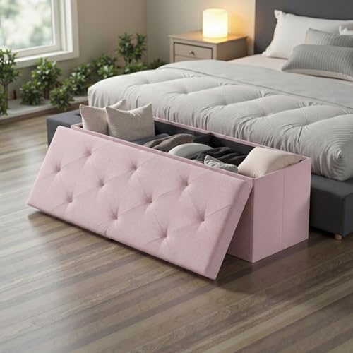 Image of DUMOS 43in Foldable Storage Ottoman Bench, Storage Chest, Large End of Bed Foot Rest Stool with Padded Seat, Bedroom Bench for Living Room, Support 660lbs, Pink