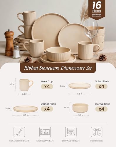 Image of OTAGO 16-Piece Dinnerware Set for 4 with Mugs, Ribbed Stoneware Plates and Bowls Sets, Unique Handcrafted Reactive Glaze, Chip and Scratch Resistant Dish Set, Microwave & Dishwasher Safe, Yellow