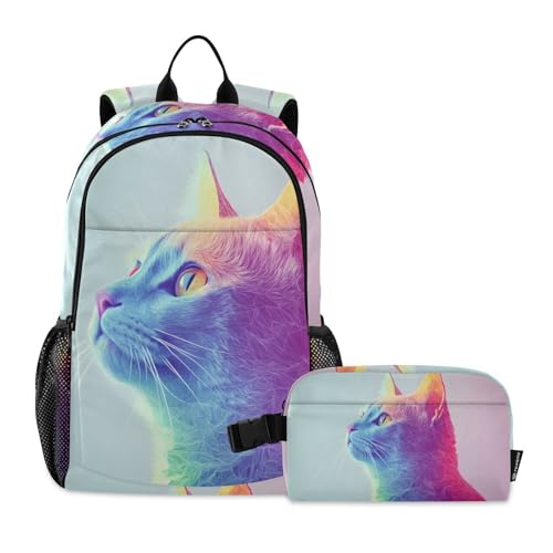 Travel Backpack Lunch Bag Set for Hiking Picnic, Backpacks with Insulated Lunch Box Neon Cat Print