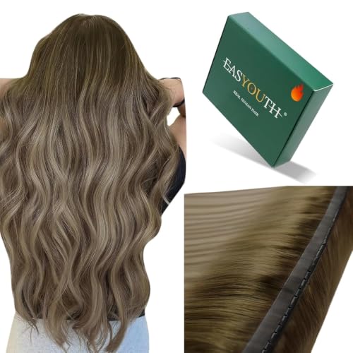 Image of Easyouth 80g Butterfly Weft Human Hair Extensions Balayage Human Hair Extension Sew in Dark Brown Ombre Light Brown Mix Blonde PU Hole Wefts Extensions Breathable 16In Invisible Genius Weft Extension