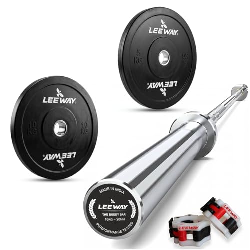 Image of Leeway Olympic Barbell with Bumper Weight Plates | 30 Kg Rubber Weight Plate Set and 7.2 Ft Chrome Gym Bar | Olympic Weightlifting Gym Plates for Home and Commercial (30kg Set (5X2+10X2))