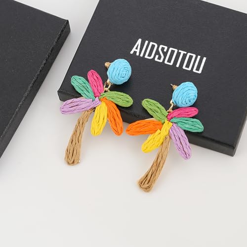 Image of Handmade Raffia Hoop Earrings Statement Tropical Bohemian Straw Dangle Earrings Natural Rattan Vacation Style Round Earrings for Women Summer Beach Party Essential Jewelry