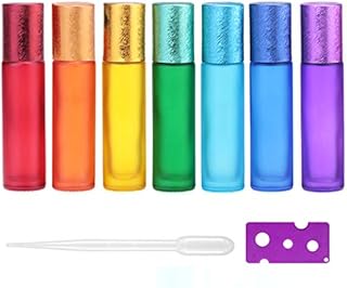 Alledomain 7Pcs, 10Ml Essential Oils Roller Bottles, Empty Colorful Frosted Glass Roll on Bottles Refillable Travel Bottles with 1 Opener & 1 Dropper, Perfect for Aromatherapy, Fragrance, Perfume