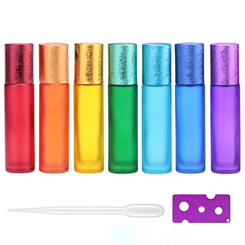Alledomain Lot de 7 flacons roller pour huiles essentielles, 10 ml, vides en verre dépoli coloré, rechargeables, parfaits pour l'aromathérapie, le parfum Cover