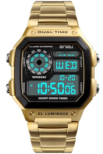 PASOY Men's Gold Digital Watches for Men Stainless Steels Alarm Stopwatch Countdown Outdoor Sports Waterproof Watch (Gold)